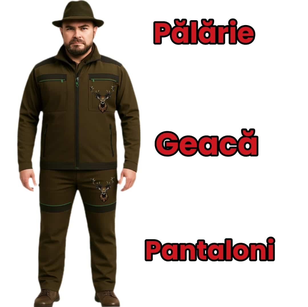 Costum de vânătoare geacă pantaloni si palarie cu cerb brodat