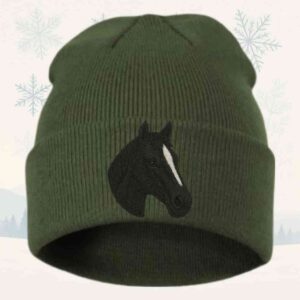 Căciulă vânătoare pentru iarnă cu cal negru brodat ,unisex, material izolant, dublu strat, 100% poliacrilic