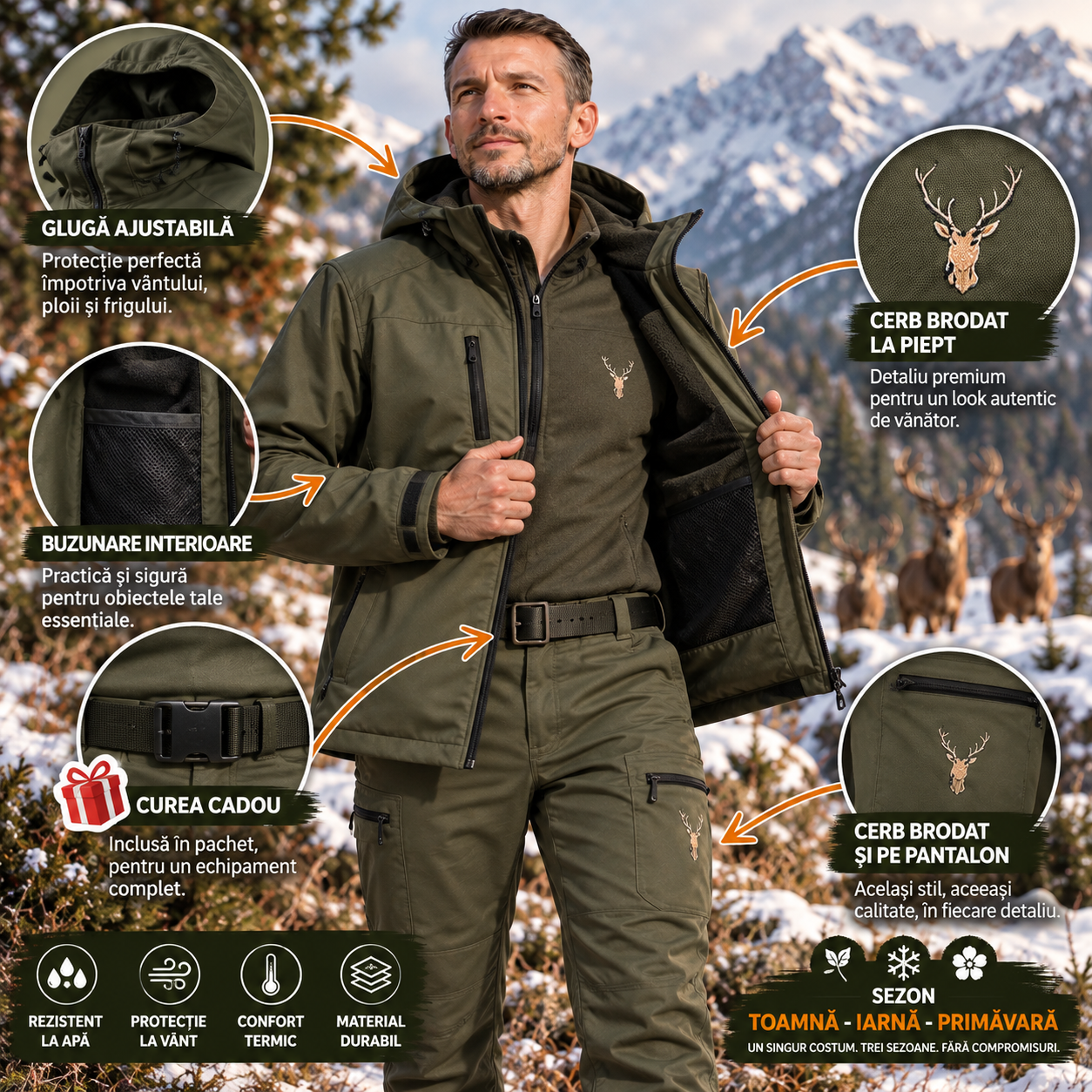 Costum de Vânătoare model Codru cu Cerb Brodat – Geaca si pantaloni Premium Outdoor - imagine 3