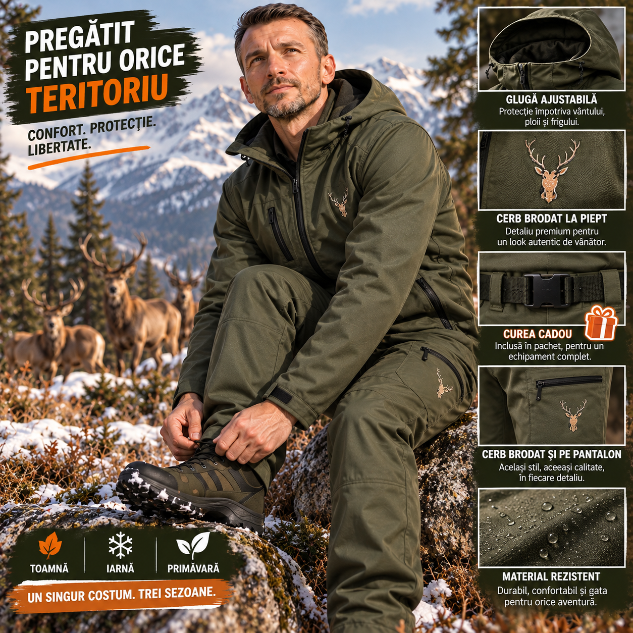 Costum de Vânătoare model Codru cu Cerb Brodat – Geaca si pantaloni Premium Outdoor - imagine 6