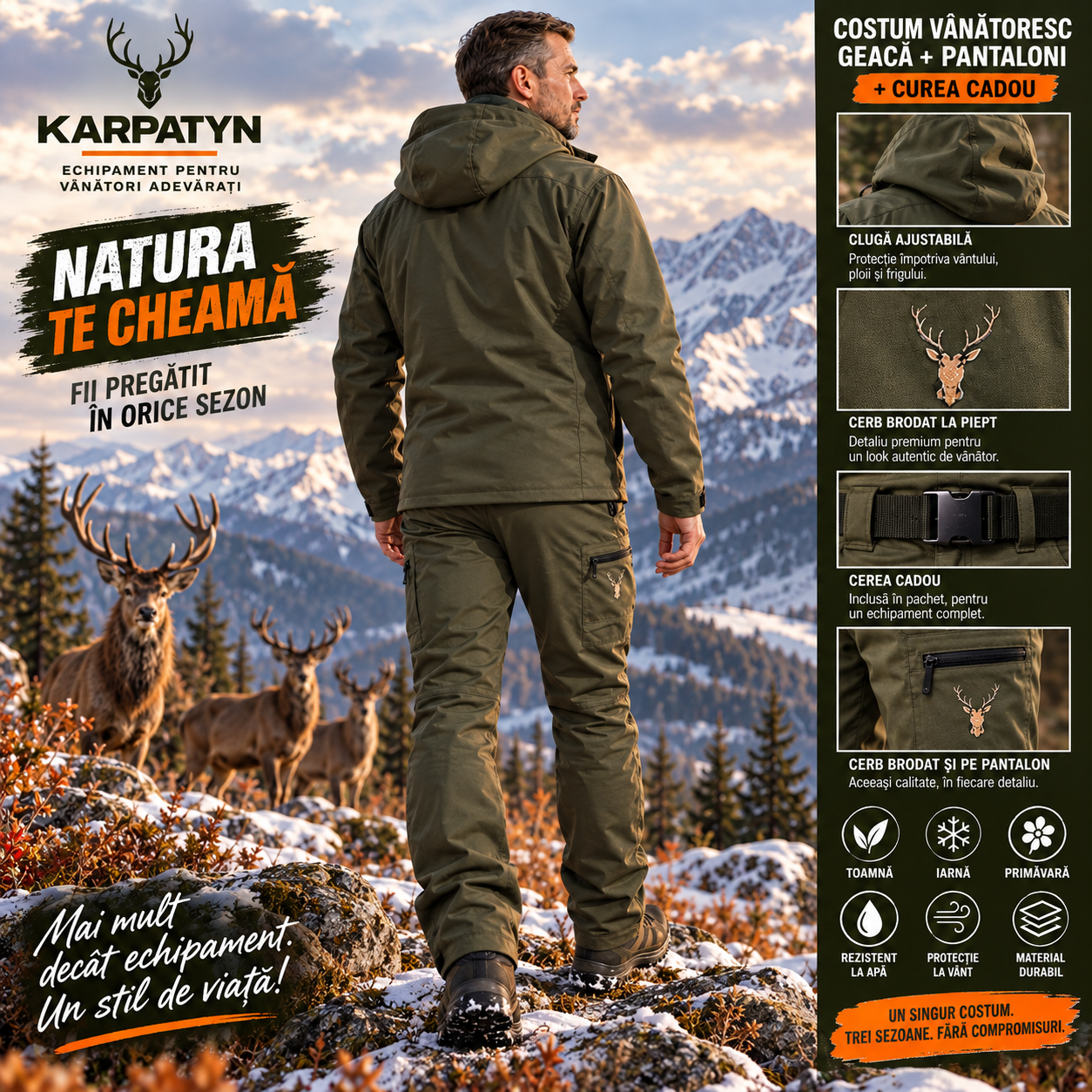 Costum de Vânătoare model Codru cu Cerb Brodat – Geaca si pantaloni Premium Outdoor - imagine 7