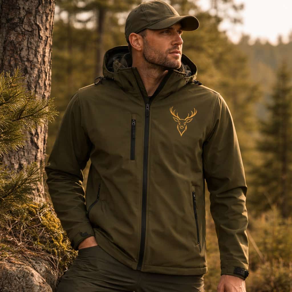 Geacă Softshell de Vânătoare Impermeabilă cu Cerb Brodat , Glugă Detașabilă , Fleece Interior – S-3XL