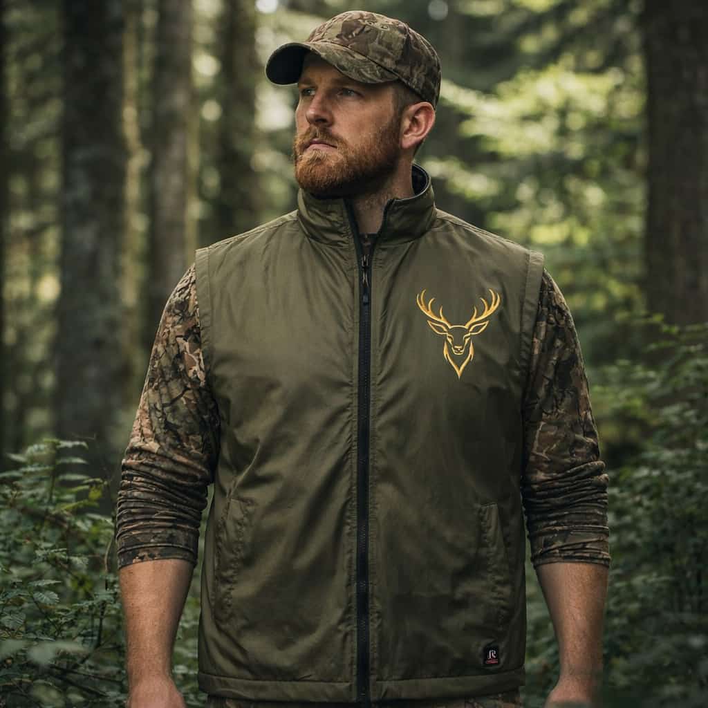 Vestă de Vânătoare Rip-Stop cu Cerb Brodat, interior captusit Fleece, Rezistentă și Călduroasă – S-3XL