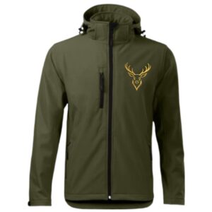 Geacă Softshell de Vânătoare Impermeabilă cu Cerb Brodat , Glugă Detașabilă , Fleece Interior – S-3XL