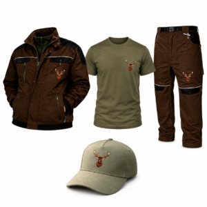 Costum de vânătoare profesional cu cerb brodat – geacă , pantaloni , tricou si sapca
