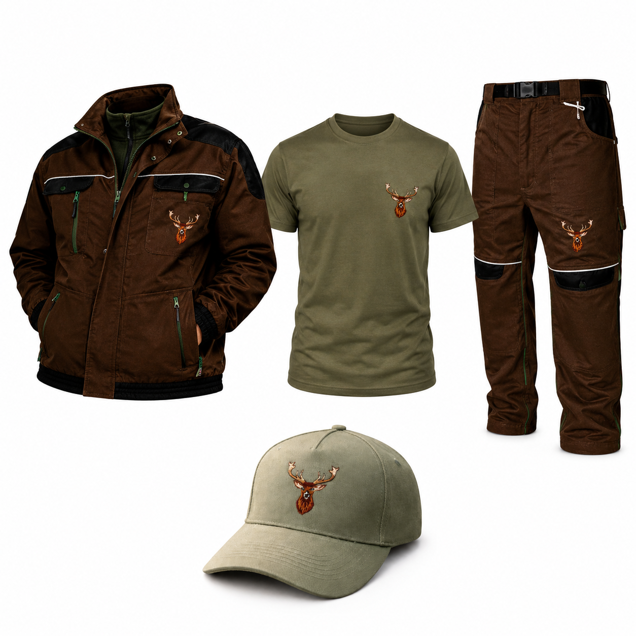 Costum de vânătoare profesional cu cerb brodat – geacă , pantaloni , tricou si sapca
