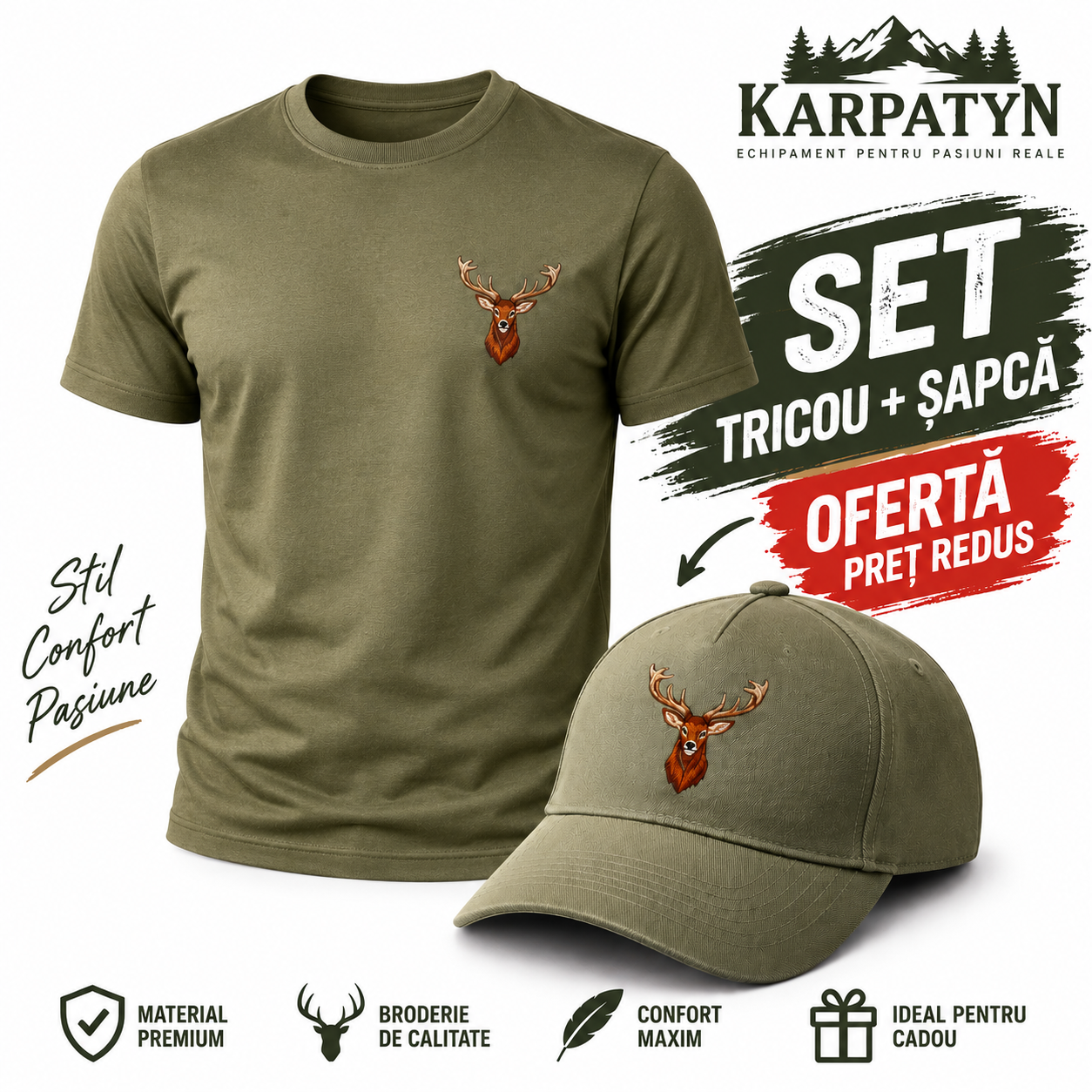 Set Tricou si Sapca de Vânătoare cu Cerb brodat