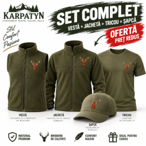 Set Jacheta Vesta Tricou si Sapca de Vânătoare cu Cerb Brodat