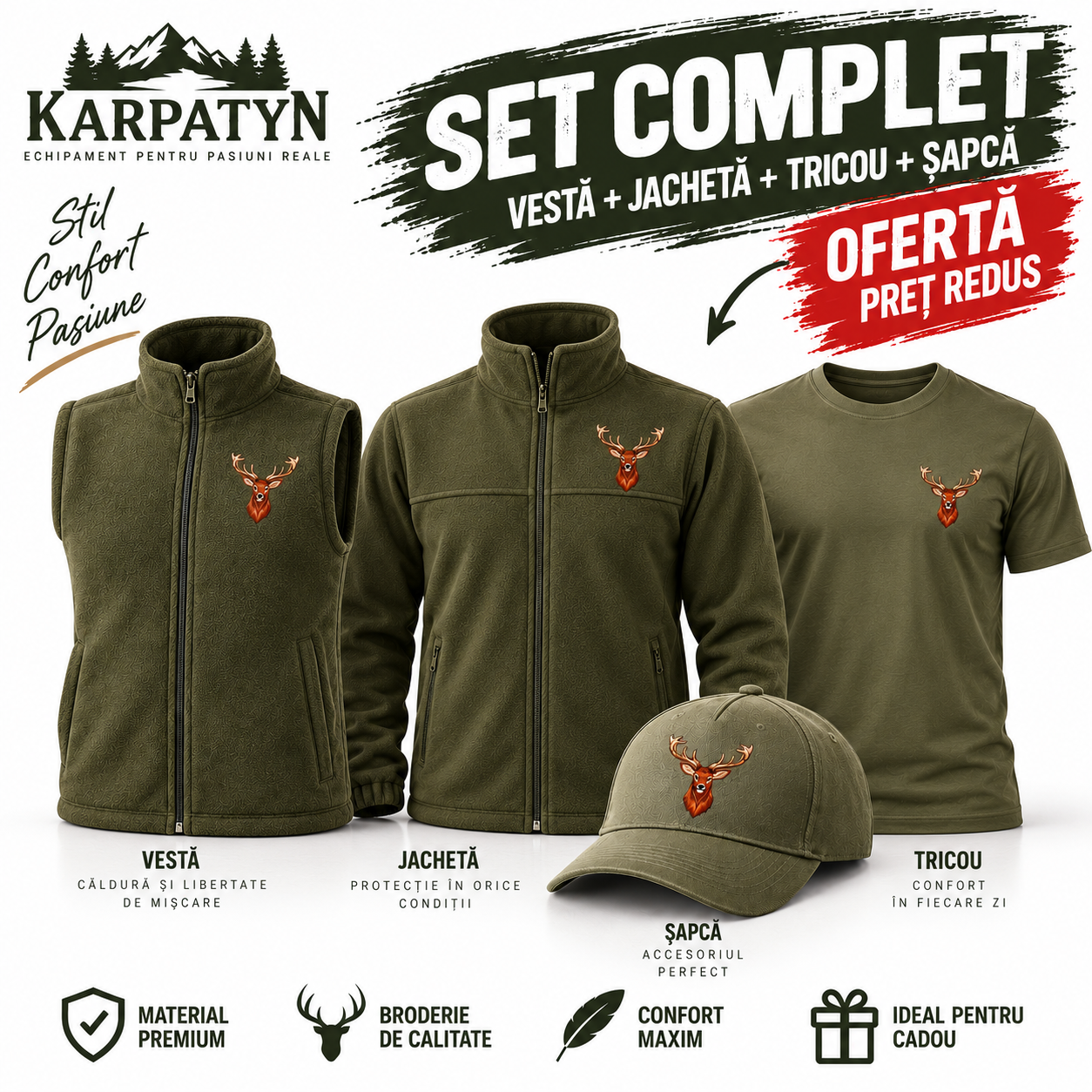 Set Jacheta Vesta Tricou si Sapca de Vânătoare cu Cerb Brodat