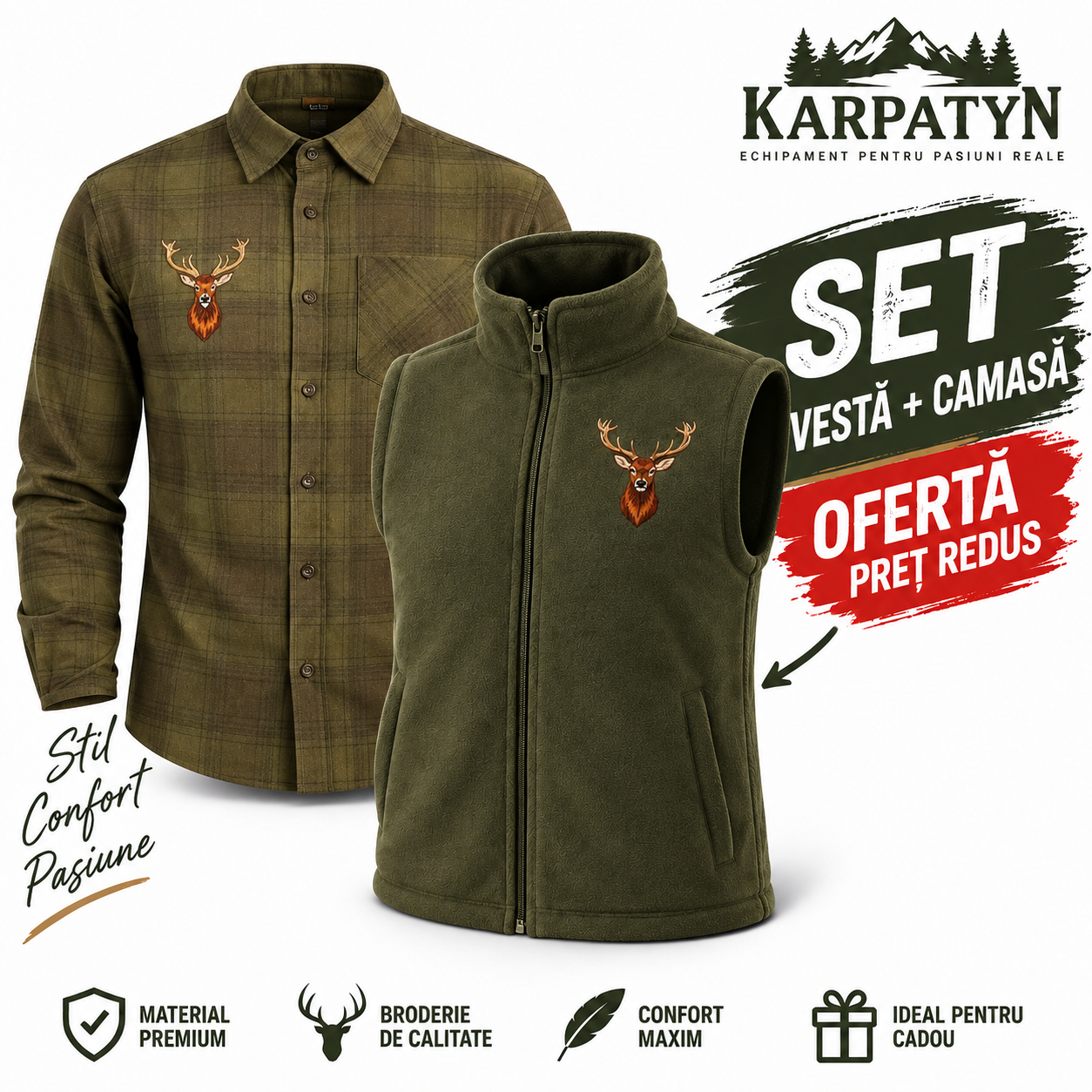 Set Camasa si Vesta de Vânătoare cu Cerb brodat